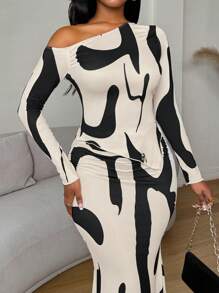 Zolique Women's Knit Digital Print Sexy Off-The-Shoulder Dress Two-Piece Set Fall Cloth For Women - Apricot - View 3