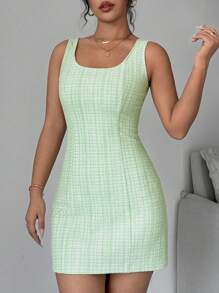 Selianne Váy thanh lịch không tay cổ tròn kẻ caro mùa hè cho nữ, váy hở lưng thường ngày cho nữ, váy ngắn không tay cổ tròn ôm vừa vặn bằng vải viscose màu xanh lá cây kẻ caro, váy ngắn ôm dáng đơn giản cho nữ, váy xuân/hè, trang phục thường ngày - màu xanh lá - Xem 4