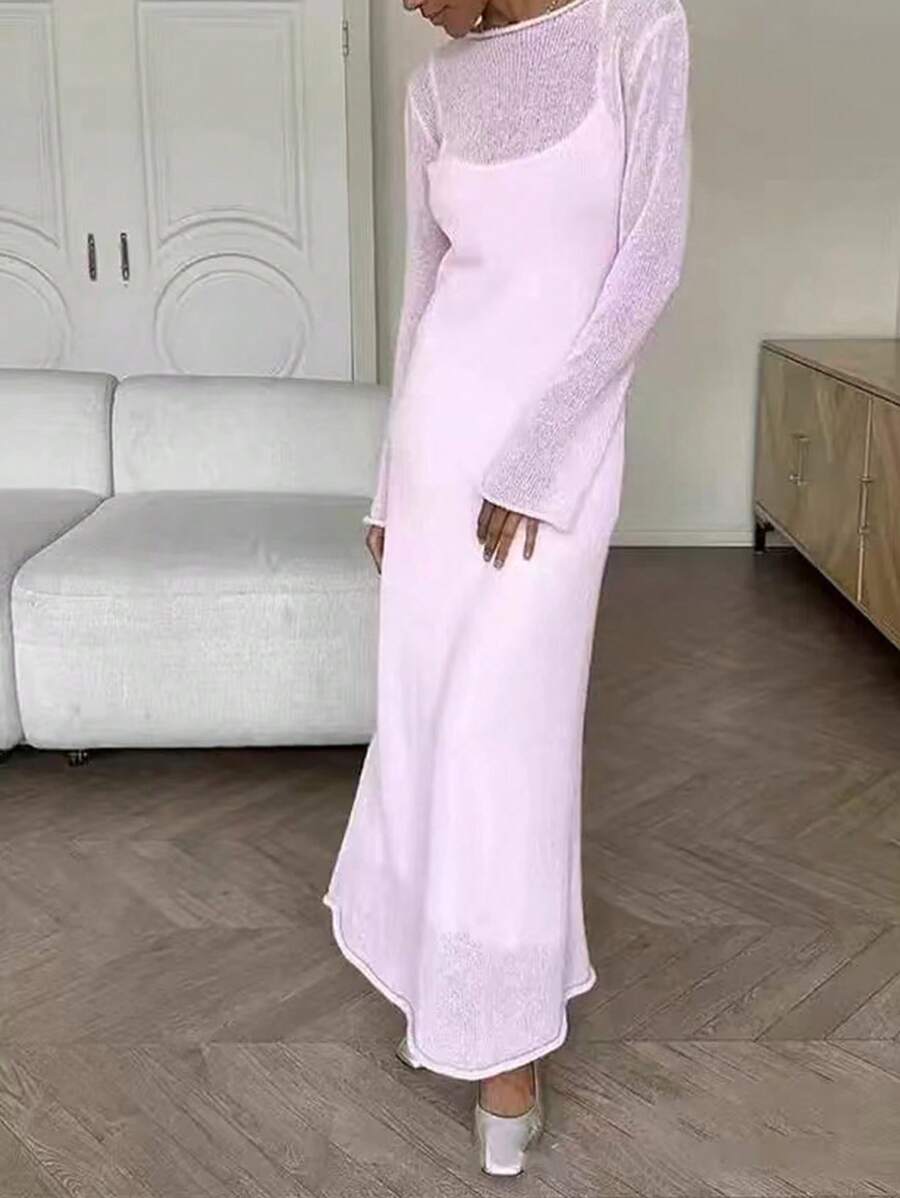 INAWLY Women Solid Color Round Neck Raglan Sleeve Ankle Length Elegant Sweater Dress For Spring & Autumn - Mauve Purple - View 1