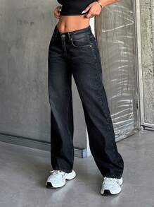 EURMUSE Jeans 100% algodão cintura baixa corte reto - Preto - Ver 8