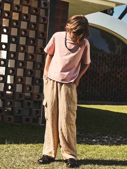 SHEIN Tween 男童亚麻褶皱休闲直筒裤，适合春夏季返校季