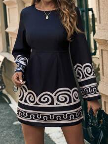 SHEIN Clasi Đầm midi cổ tròn họa tiết hình học thường ngày cho nữ dài tay - màu đen - Xem 6