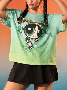 THE POWERPUFF GIRLS X SHEIN Camiseta a juego con estampado de mariposa y letras en degradado de color verde milenario talla grande para hermanas