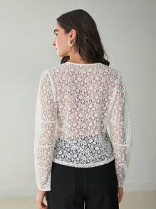 Enchnt 女士秋季浪漫白色蕾丝休闲系带秋季长袖衬衫、秋季上衣 - 白色 - 查看 2