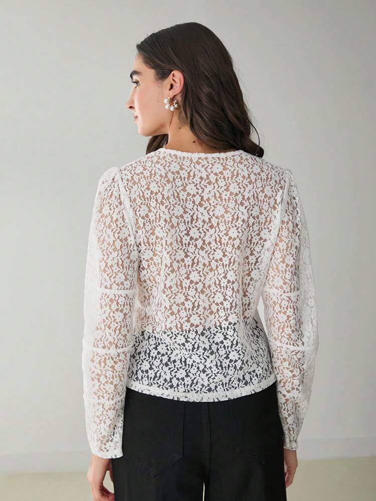 Chemise à manches longues automne à dentelle blanche romantique et décontractée avec lien à l'avant pour femme, Top de blouse automne