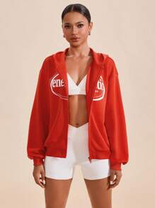 VARSITIE Letter Print Zip Up Sweatshirt - White - View 4