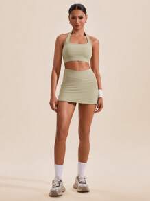 VARSITIE 纯色挂脖休闲上衣和下装女士运动套装 - 綠色 - 查看 6