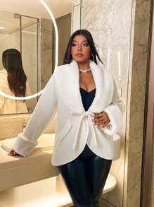 SHEIN Unity Plus Size Women Stand Collar Fur Trim Cardigan Coat For Autumn/Winter - White - View 2