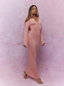 MISSGUIDED Knit Plunge Neck Collared Flared Long Sleeves Maxi Dress Winter Wear - Pink - View 4