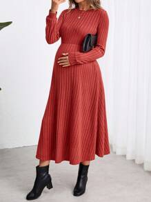 SHEIN Maternity Tight Fitting Red Midi Long Sleeve Dress, Midi Dress, Fall - Redwood - View 7