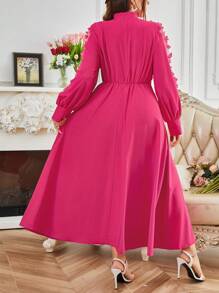 SHEIN Clasi Plus Size Solid Color 3D Floral Decor Stand Collar Long Sleeve Minimalist Dress Maxi Women Outfit - Hot Pink - View 2