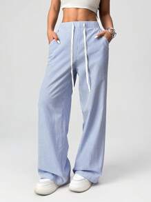SHEIN EZwear Pantalon large en bleu et blanc rayé tissé pour femmes - Bleu et Blanc - Voir 3