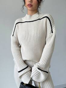 Selianne 2pcs Women Contrast Striped Print Turtleneck Sweater And Solid Color Pants Set Fall Winter Cloth For Women - Apricot - View 4