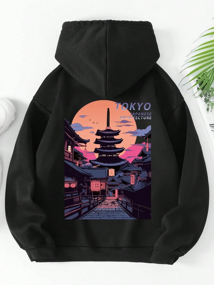 INAWLY Áo hoodie nữ đơn giản in họa tiết, kiểu dáng mùa thu. - màu đen - Xem 1