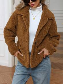 EMERY ROSE 复古休闲仿羊毛领纽扣口袋长袖夹克 - 棕色 - 查看 3