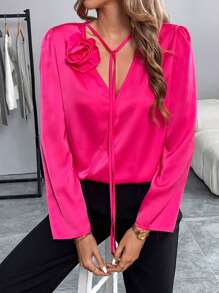 Calvaya Elegant V-Neck Long Sleeve Drawstring Blouse