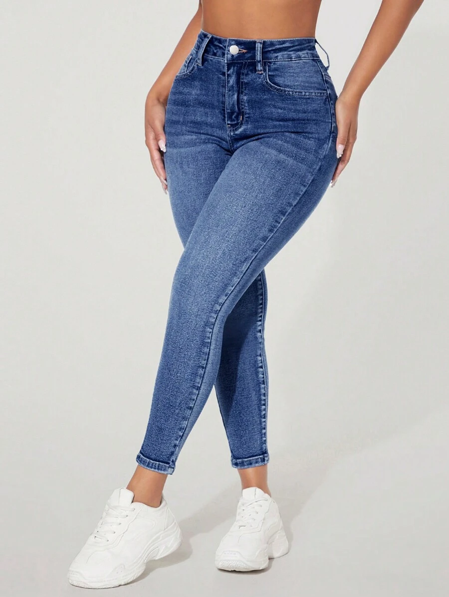 SHEIN PETITE High-Waisted Button-Embellished Skinny Stretch Distressed Y2K Jeans Thermal Lined Skinny Jeans With Pockets, Autumn & Winter Thickened Denim - Blue - View 1