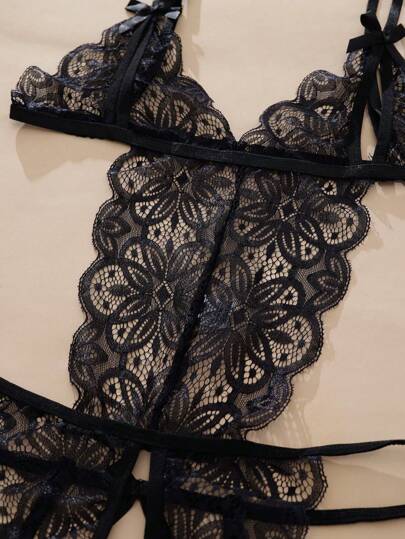 Ning xue yan ying Hollow Out See Through,Bow ated,Floral Kanten ,Elasticity,Backless,Classic Verleidelijke Bodysuit Lingerie, Teddy Rave Going view 8