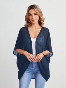 EMERY ROSE Women's Plain Color Batwing Sleeve Loose Casual Open Front Short Jacket, Summer In Fall/Winter - Navy Blue - View 1