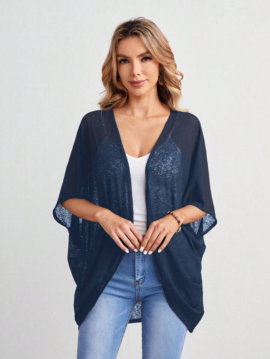 EMERY ROSE Women's Plain Color Batwing Sleeve Loose Casual Open Front Short Jacket, Summer In Fall/Winter - Navy Blue - View 1