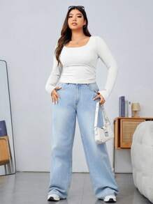 SHEIN EZwear Áo thun ôm dáng dài tay cổ vuông màu trơn cỡ lớn cho nữ, mùa xuân và mùa hè - trắng - Xem 7