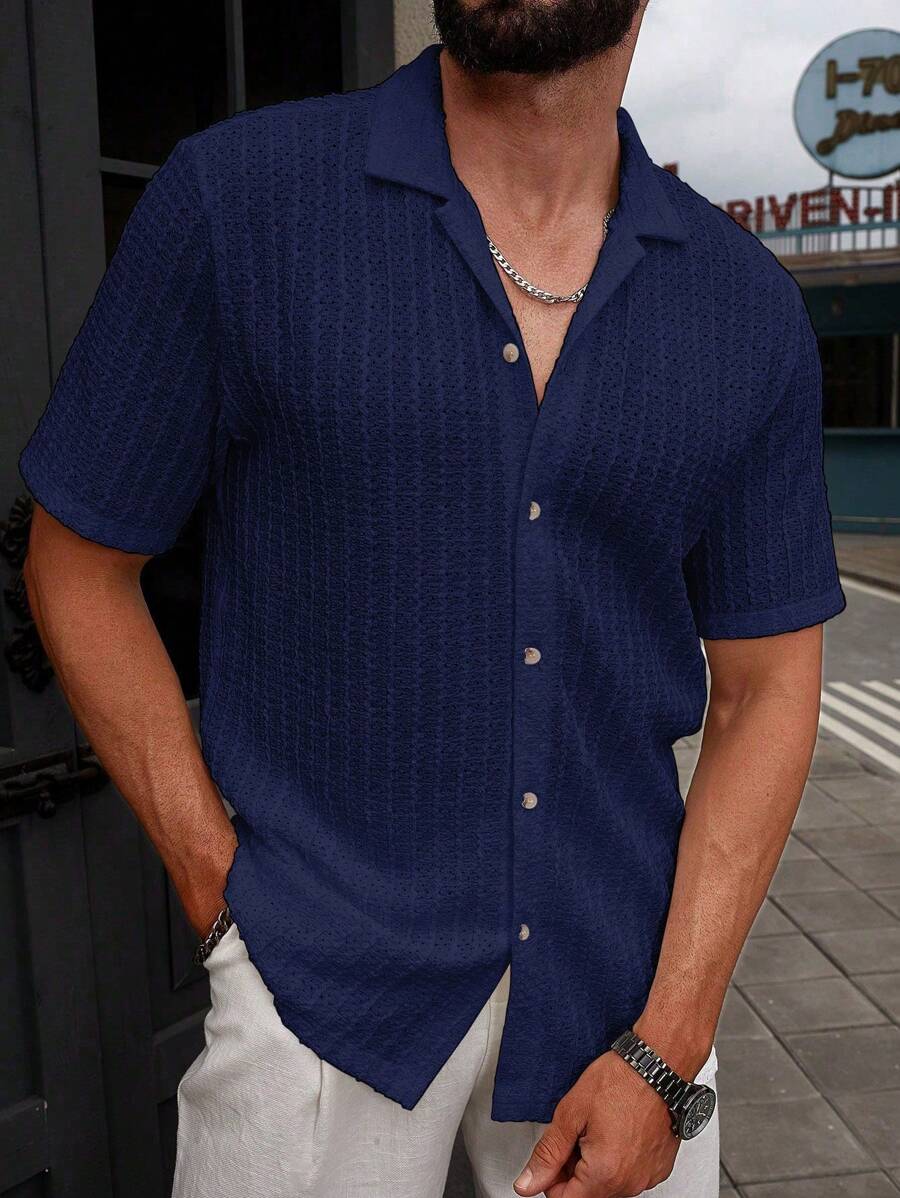 Manfinity Homme Men's Solid Casual Short Sleeve Shirt For Daily Commute, Summer (Asymmetrical Print) - Navy Blue - View 1