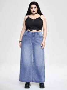 ROMWE Grunge Punk Plus Size Vintage Embroidered Loose Fit Jeans With Back Pockets - Blue - View 5