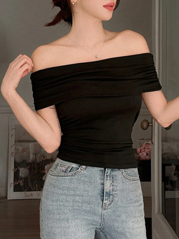 DAZY T-shirt décontracté à épaules dénudées de couleur unie pour femmes, Top noir d'été