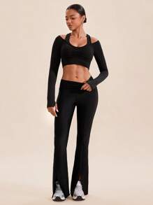 VARSITIE Women's Solid Color Long Sleeve Fitted Sports T-Shirt With Ruching, Versatile - Black - View 3