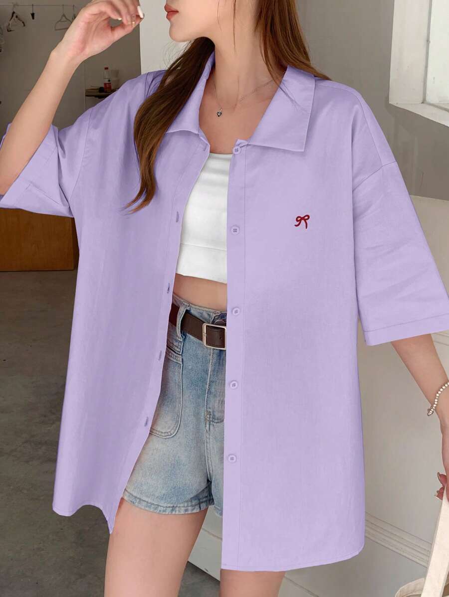DAZY 女式蝴蝶结刺绣装饰短袖衬衫，休闲衬衫 - 紫色 - 查看 1