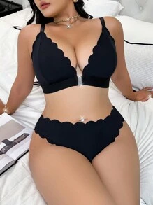 2 件大码无线波纹边前扣内衣套装 - 黑色 - 查看 3