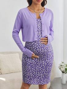 SHEIN 2pcs Maternity Casual Commuter Spring/Fall Set, Button Cardigan & Ditsy Floral Bodycon Dress - Purple - View 6