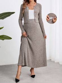 SHEIN Marled gebreide zwangerschapsjas en rok 2-delige set, voor leraren, herfst