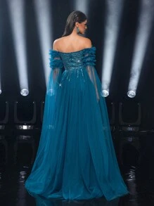 Glamrae Elegant And Gorgeous Navy Blue Asymmetrical Neck Off-Shoulder Floating Sleeves Chiffon Bone Bodice With Herringbone Stitching With Luxurious Handmade Sequins And Tulle Hem. Suitable For Weddings, Parties, Graduations, Proms And Formal Occasion Evening Gowns (Heavy Work Style), Long Sleeve Dress, For Wedding Guest, Dinner Party Dress - Navy Blue - View 4