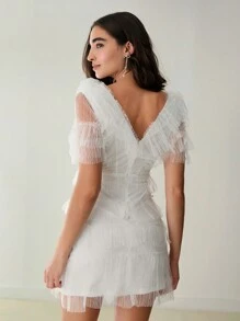 Enchnt Vestido curto de malha elegante de cor sólida para verão feminino - Branco - Ver 2