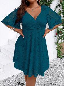 Rometta Plus Size Women's Summer V-Neck Overlay Lace Short Sleeve Elegant Dress - Teal Blue - View 5