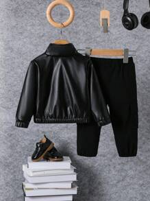 2pcs Baby Girls Simple Solid Color Daily Jacket And Pants Set - Black - View 2