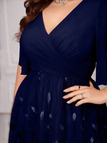 UNITHORSE Plus Size V-Neck [Random Cut] Ruffle Sleeve, Chest Pleated Leaf Mesh Embroidery Sequin Mesh Contrast Color Formal Dress, Elegant For Gala, Wedding Guest, Graduation, Bridal, Birthday Party, Formal Occasion Spring - Navy Blue - View 5