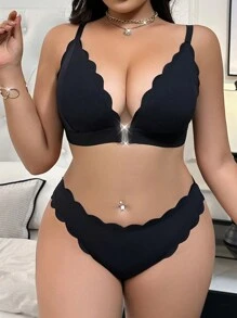 2 件大码无线波纹边前扣内衣套装 - 黑色 - 查看 4