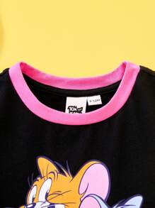 TOM & JERRY X SHEIN Body de bebé niña con bloqueo de color, estampado de ratón de dibujos animados y babero - Negro - Ver 3