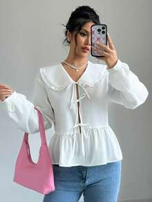 Chiquease Áo kiểu nữ mùa xuân và mùa thu màu trơn cổ Peter Pan tay áo đèn lồng - trắng - Xem 5