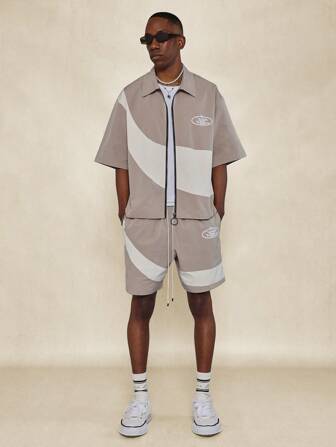 SUMWON Boxy Fit Zip Through Colour Blocked Short Sleeve Nylon Shirt And Short 2 Piece Set