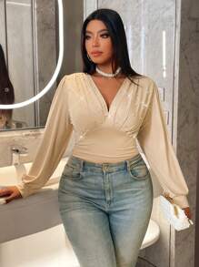 SHEIN Clasi Plus Size Women's Sexy Deep V-Neck Pearl Decor Ruffle Long Sleeve Bodysuit - Khaki - View 3