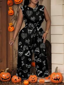 Slaydiva Plus Size Casual Simple Full Print Jumpsuit, Summer Halloween - Black - View 5