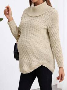 SHEIN Pregnant Women Turtleneck Long Sleeve Cable Knit Sweater, For Maternity, For Winter - Apricot - View 6