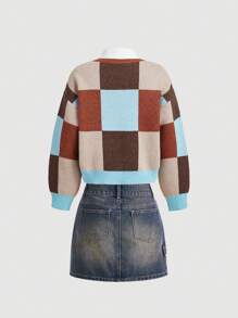 SHEIN MOD Áo len dài tay hở vai họa tiết caro cổ điển màu tương phản dáng rộng cho nữ, mùa thu/đông - Nhiều màu - Xem 3