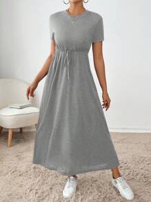 SHEIN Essnce 女士纯色圆领口袋夏季短袖休闲连衣裙 - 淺灰色 - 查看 5