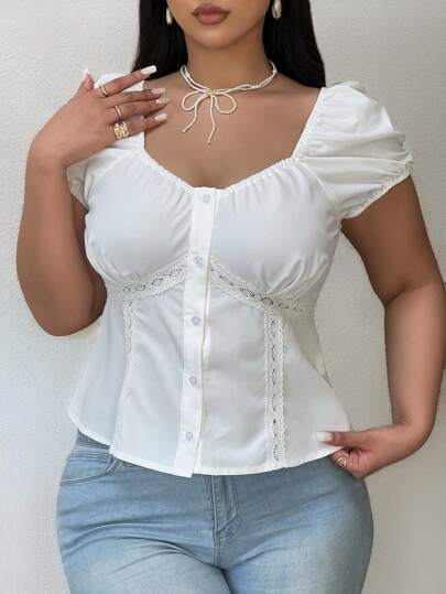 Flirla Plus Size Solid Rhinestone Collar Short Sleeve Button Front Hollow-Out Splice Blouse Women Shirt