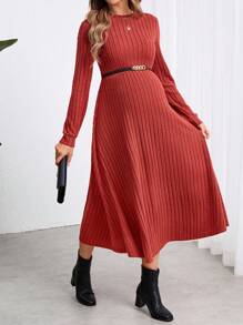 SHEIN Maternity Tight Fitting Red Midi Long Sleeve Dress, Midi Dress, Fall - Redwood - View 1