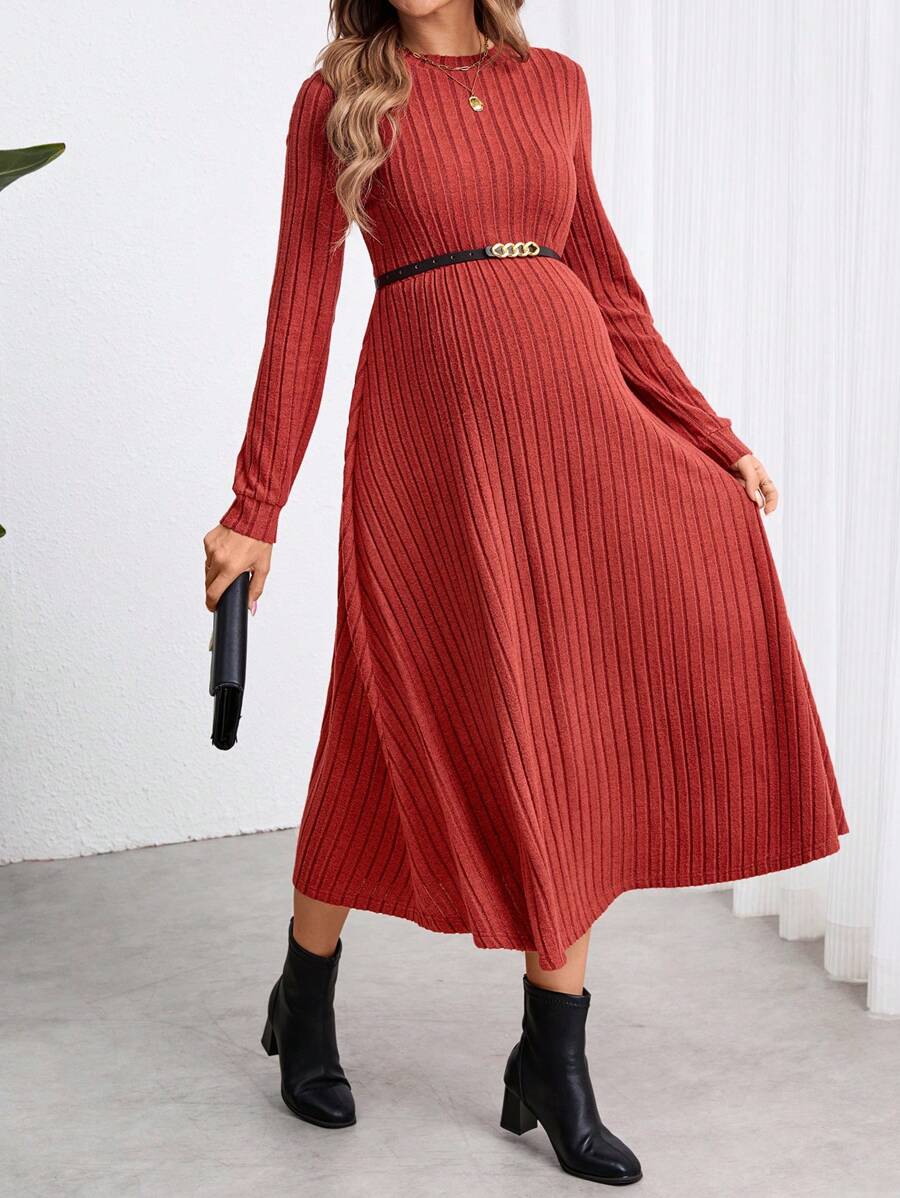 SHEIN Maternity Tight Fitting Red Midi Long Sleeve Dress, Midi Dress, Fall - Redwood - View 1